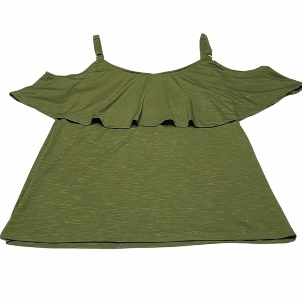 Avenue Cold Shoulder Ruffle Spaghetti Adjustable Strap Blouse Khaki NWT